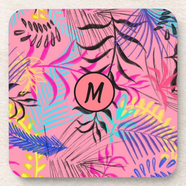 Stylish Monogram Illustration Abstract Flowers Beverage Coaster (Front)