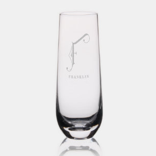 Stylish Monogram Initial F, Editable Name Stemless Champagne Flute