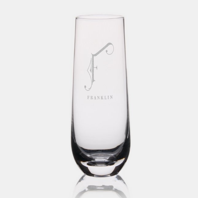 Stylish Monogram Initial F, Editable Name Stemless Champagne Flute (Glassware)
