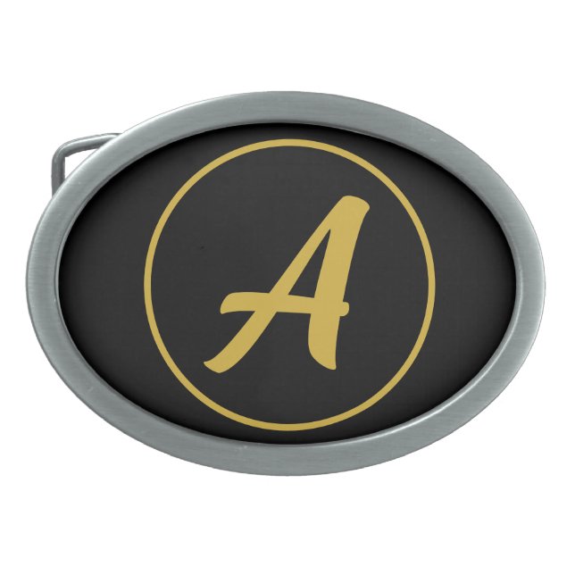Stylish Monogram Initial Letter Gold Color Black Belt Buckle (Front)