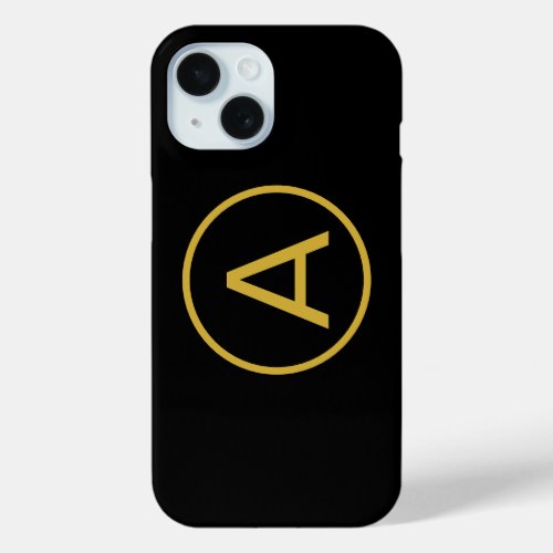 Stylish Monogram Initial Letter Gold Color Black iPhone 15 Case