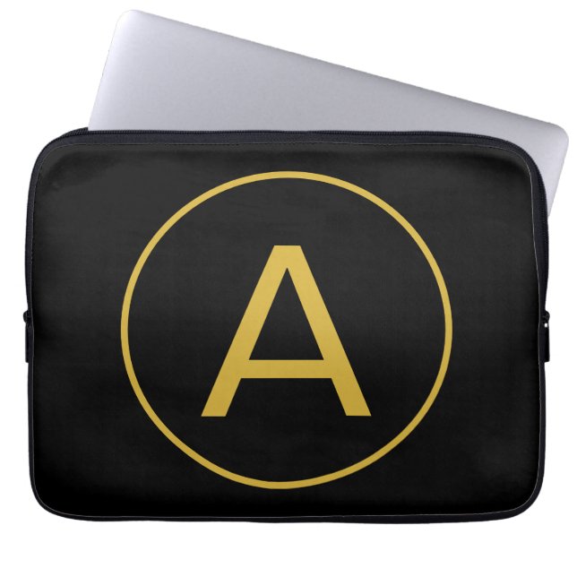 Stylish Monogram Initial Letter Gold Color Black Laptop Sleeve (Front)