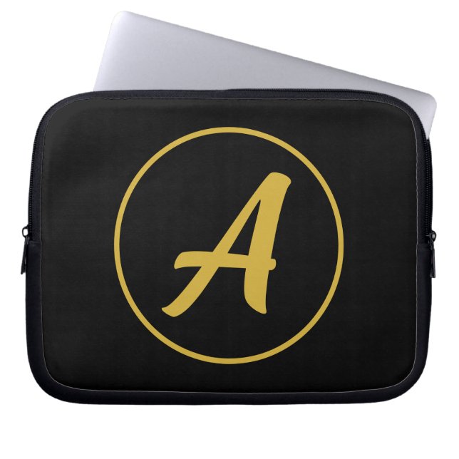 Stylish Monogram Initial Letter Gold Color Black Laptop Sleeve (Front)