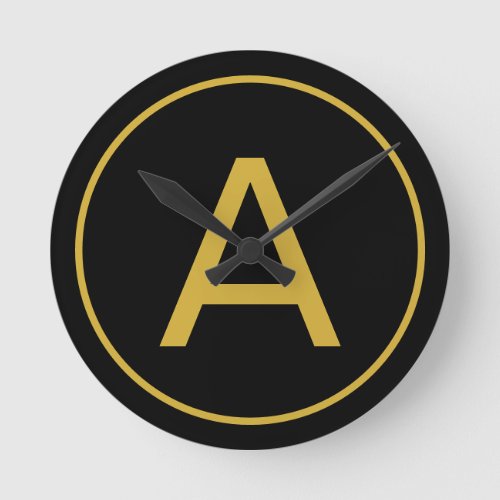 Stylish Monogram Initial Letter Gold Color Black Round Clock