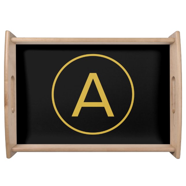Stylish Monogram Initial Letter Gold Color Black Serving Tray (Front)