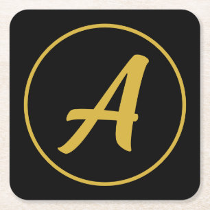 Stylish Monogram Initial Letter Gold Color Black Square Paper Coaster