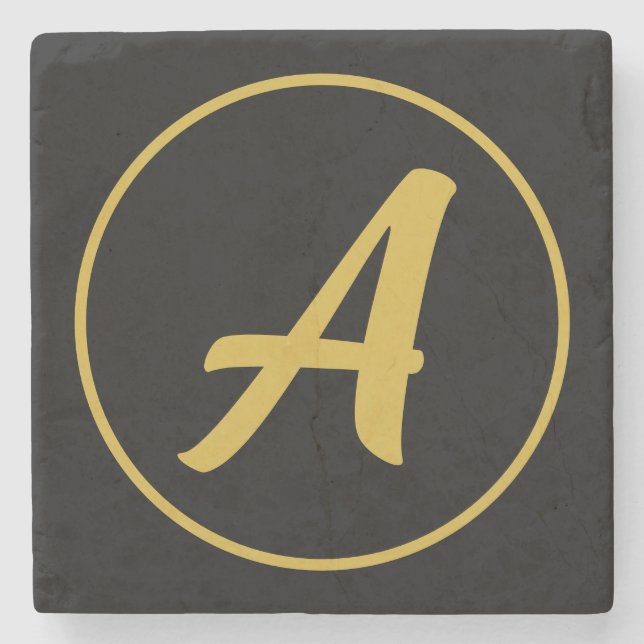 Stylish Monogram Initial Letter Gold Color Black Stone Coaster (Front)