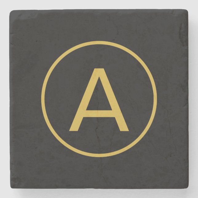 Stylish Monogram Initial Letter Gold Color Black Stone Coaster (Front)