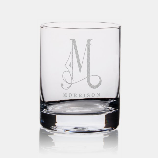 Stylish Monogram Initial M Last Name Editable  Rocks Glass (Glassware)