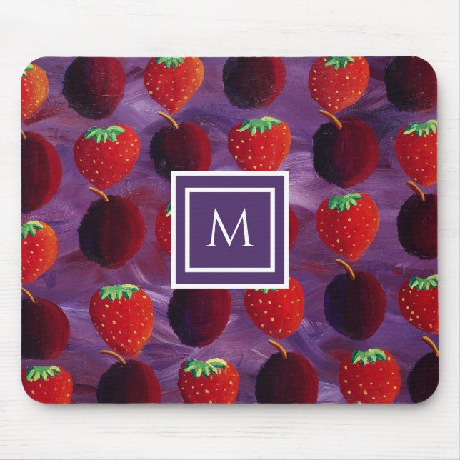 Stylish Monogram Initial Plums and Strawberries Mouse Pad (Front)