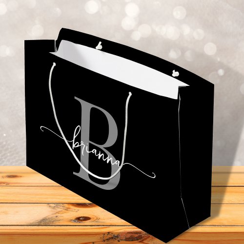 Stylish Monogram Initial Script Modern Black Gray Large Gift Bag