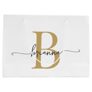 Stylish Monogram Initial Script Modern White Gold Large Gift Bag