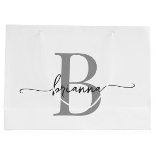 Stylish Monogram Initial Script Modern White Gray Large Gift Bag