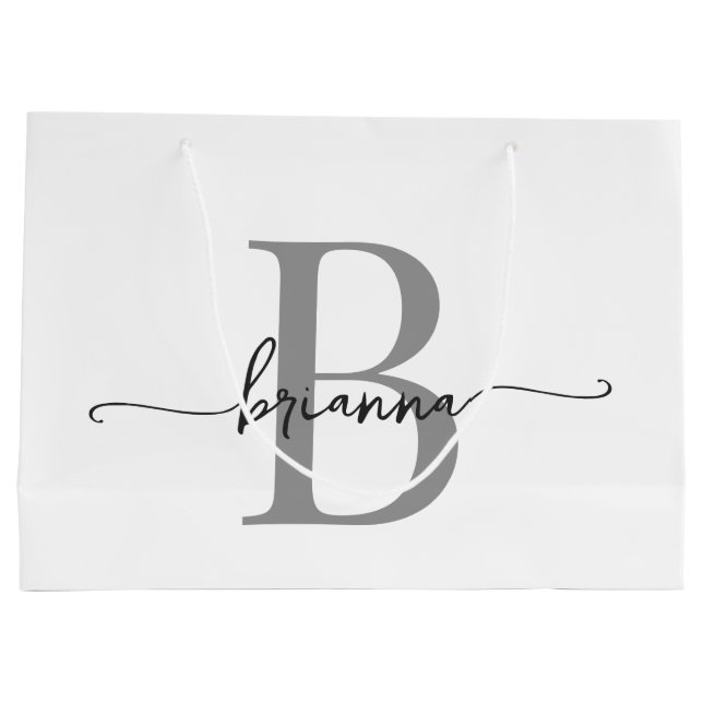 Stylish Monogram Initial Script Modern White Gray Large Gift Bag (Back)