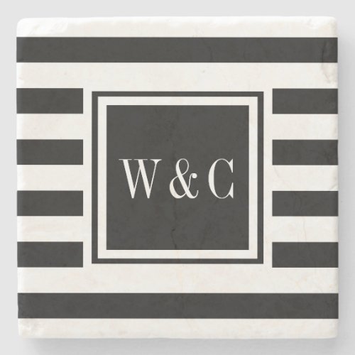 Stylish Monogram Initials Black White Stripe Stone Coaster