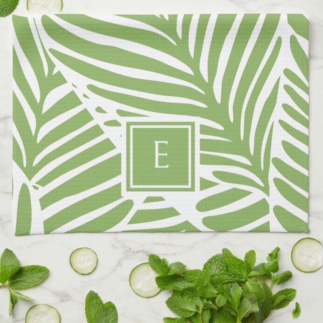 Stylish Monogram Leaf Pattern Plant Lover Kitchen Towel (Folded)