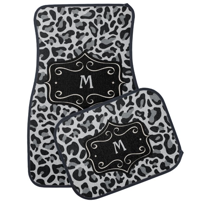 Stylish Monogram Leopard Print Grey Gray Silver Car Floor Mat (Set)