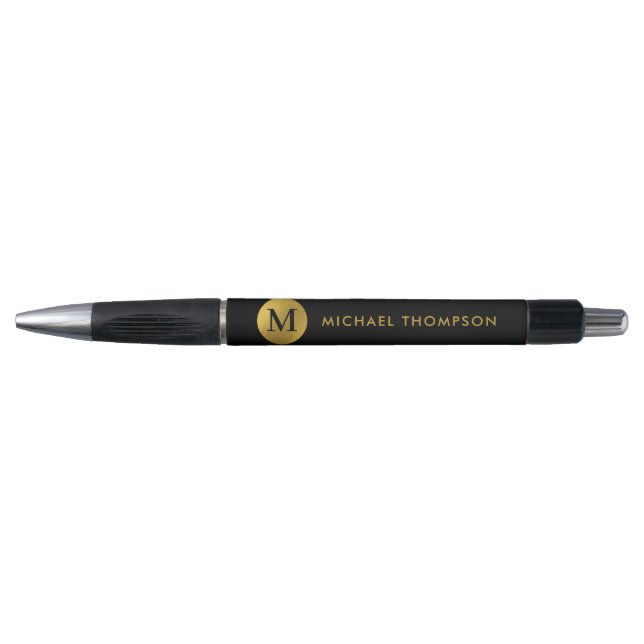 Stylish Monogram Modern Elegant Black Gold Pen (Front)