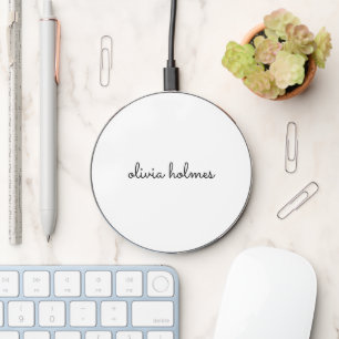 Stylish Monogram Modern Minimalist White Script Wireless Charger
