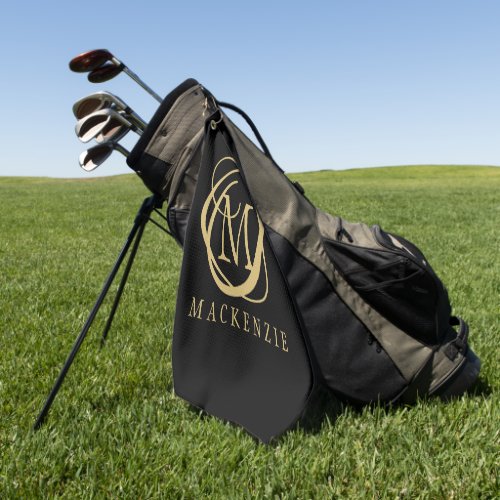 Stylish Monogram Name Black Gold Golf Towel
