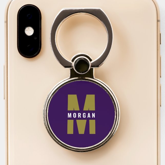 Stylish Monogram Name Initial Purple White Gold Phone Ring Stand (Close Up)