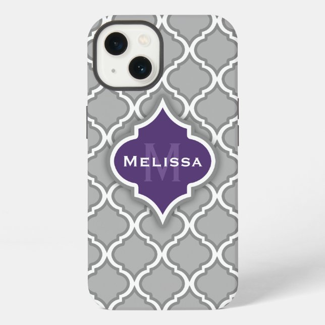 Stylish Monogram Name Purple Gray Moroccan Pattern Iphone Case (Back)