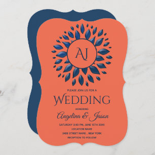 Stylish Monogram Navy and Coral Wedding Invitation