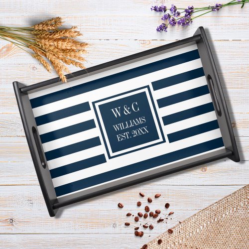 Stylish Monogram Navy Blue White Stripe Serving Tray