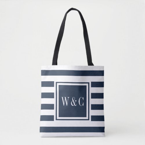 Stylish Monogram Navy Blue White Stripe Tote Bag
