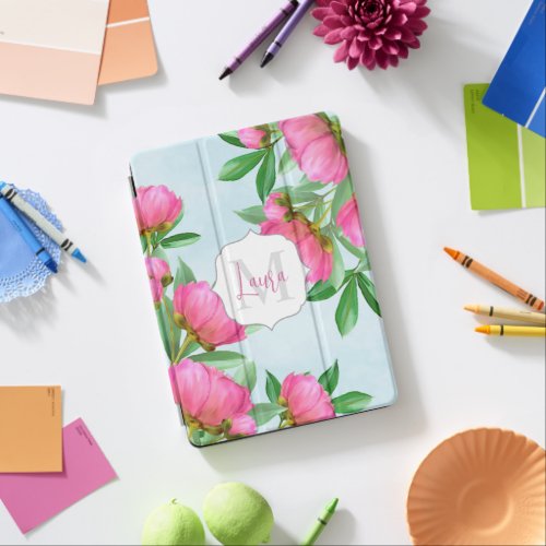 Stylish Monogram Pink Botanical Peonies Elegant iPad Air Cover