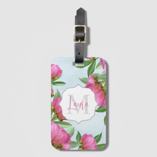 Stylish Monogram Pink Botanical Peonies Elegant Luggage Tag