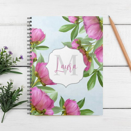 Stylish Monogram Pink Botanical Peonies Elegant Notebook