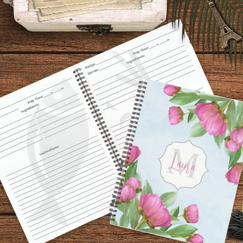 Stylish Monogram Pink Botanical Peonies Recipe Notebook