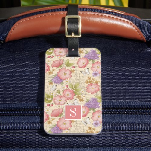 Stylish Monogram Pink Floral Luggage Tag