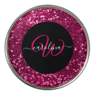 Stylish monogram pink glitter name black golf ball marker