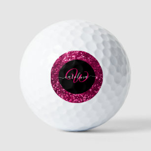 Stylish monogram pink glitter name black golf balls