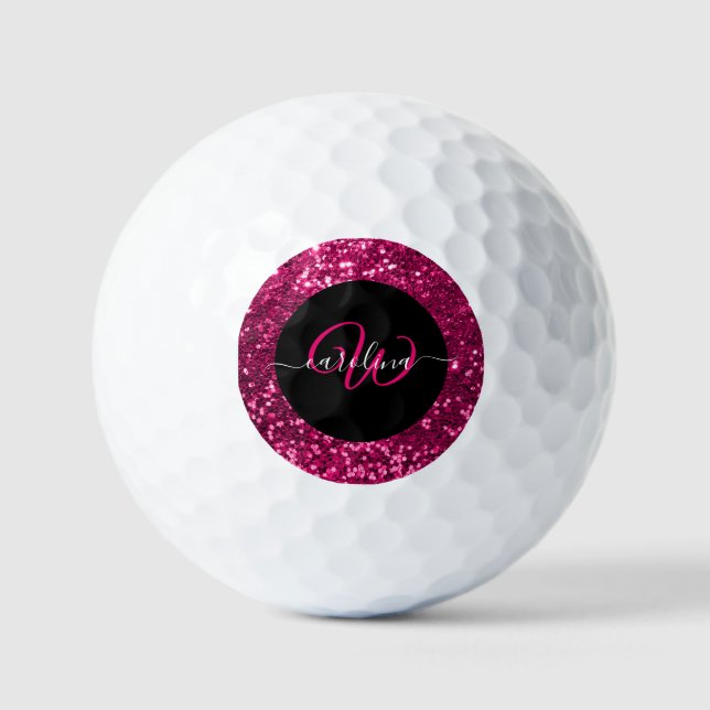 Stylish monogram pink glitter name black golf balls (Front)