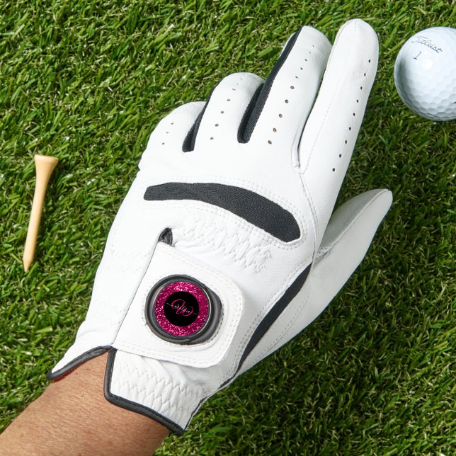 Stylish monogram pink glitter name black golf glove (Creator Uploaded)