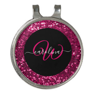 Stylish monogram pink glitter name black golf hat clip