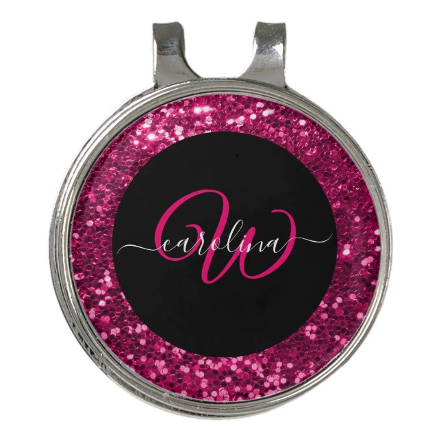 Stylish monogram pink glitter name black golf hat clip (Front)