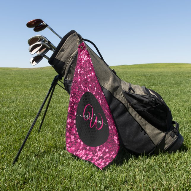 Stylish monogram pink glitter name black golf towel (Green)