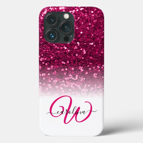 Stylish monogram pink glitter name white iPhone 13 pro case