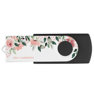 Stylish Monogram Pink & Green Watercolor floral Flash Drive