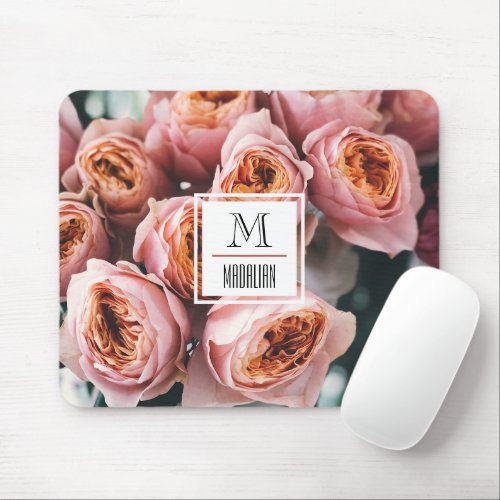 Stylish monogram pink rose modern floral photo mouse pad