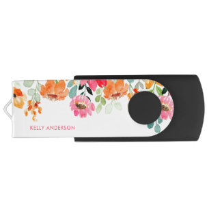Stylish Monogram Pink Watercolor floral Flash Drive
