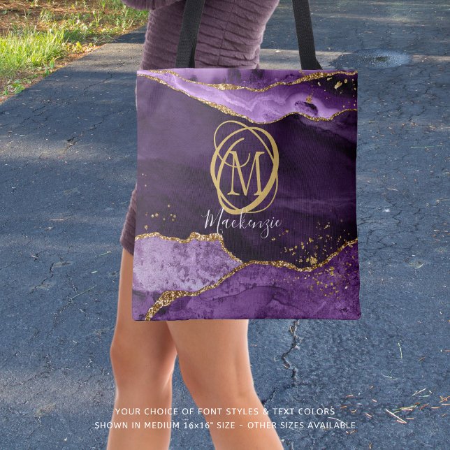 Stylish Monogram Purple Agate Gold Glitter Tote Bag (Creator Uploaded)