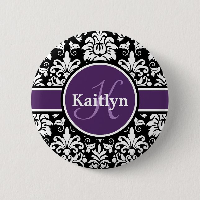 Stylish Monogram Purple Black White Damask Pinback Button (Front)