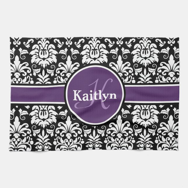 Stylish Monogram Purple Black White Damask Towel (Horizontal)