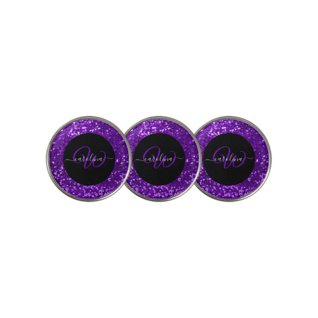 Stylish monogram purple glitter name black golf ball marker (3 Up)
