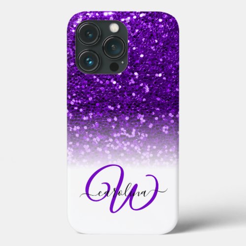 Stylish monogram purple glitter name white iPhone 13 pro case